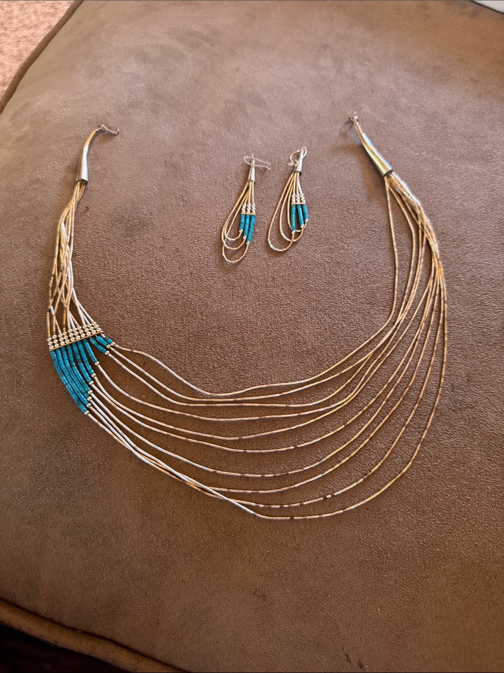 Gold Multi-Strand Necklace and Earring Set with Turquoise Bead Accents